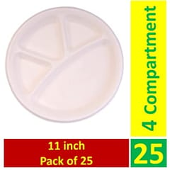 Disposable Round Plates 4 Compartment 11 Inch  ,100% Natural , Biodegradable , Compostable , Safe & Hygienic Disposable Plates , Pack of 25 ,Eco-Friendly for Party ,Home ,Wedding Use|