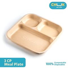 Chuk Rectangle Plate 3 Compartment, Eco-Friendly Sugarcane Bagasse Disposable Plate for Food, Lunch, Dinner Plate Pack of 25 Biodegradable Plates, Natural Colour (3CP, R)