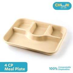 Chuk Rectangle Plate 4 Compartment, Eco-Friendly Sugarcane Bagasse Disposable Plate for Food, Lunch, Dinner, Pack of 25 Biodegradable Plates, Natural Colour (4CP, B)