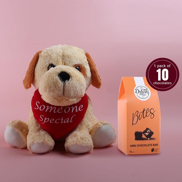 Snob Dog Soft Toy Pack Yellow with The Delish Co - Bites Mini Chocolate Bar 90g Home Decor , Soft Toy For Kids , Birthday Combo Gift Set