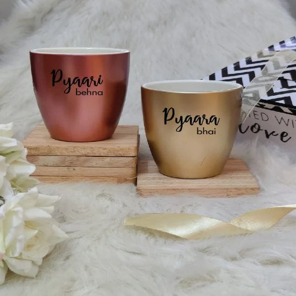 Unbreakable Mug, Set of 2 -with Pyaara Bhai & Pyaari Behna, Metallic Gold & Metallic Rosegold (300ML)