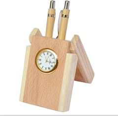 Wooden Watch cum 2 Pen Stand, Pen Holder With Watch & Best Wishes , wooden pencil holder,Perfect for Office & Home Desk, Gift for Birthday