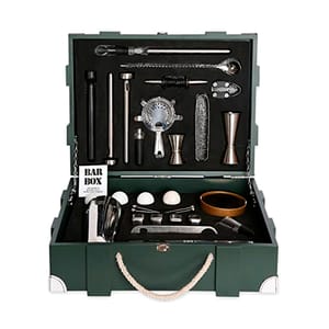 Bar Box Silver Chest 3.0 Complete Bartender Kit in Military Green Wooden Crate includes 2 Boston Shaker, Muddler, Bar Spoon, Hawthrone Strainer, Ice Tong, Ashtray, 4 Whiskey Spheres Marble, 4 Stainless Steel Whiskey Stones, 4 Hammered Coaster, 4 Ice Picks, 2 Japanese Jiggers, 2 Bottle Pourer, Bar Blade Opener, 2 Beer Chiller Stick, Wine Chiller Stick, Foil Cutter, Wine Stopper, Wine Pourer, Automatic Wine Bottle Opener, Champaign Bottle Stopper, Military Green Wooden Portable Crate