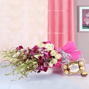 6 Purple Orchids- 12 White Roses- Pink paper packing- a box of 16 pcs of Ferrero Rocher Chocolates For Mother's Day Gift For Mom