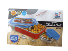 Mickey Steel Lunch Box Lock & Seal 800 Steel Inner with Steel Spoon 2 Containers Lunch Box For Back To School Boys (colour & print as pr availability )