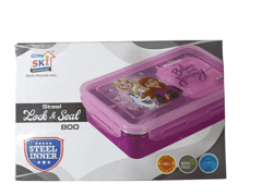 Mickey Steel Lunch Box Lock & Seal 800 Steel Inner with Steel Spoon 2 Containers Lunch Box For Back To School Boys (colour & print as pr availability )