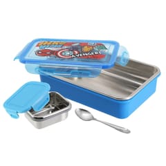 Mickey Steel Lunch Box Lock & Seal 800 Steel Inner with Steel Spoon 2 Containers Lunch Box For Back To School Boys (colour & print as pr availability )