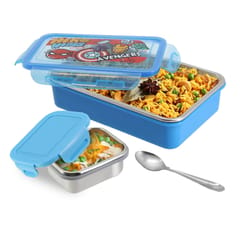 Mickey Steel Lunch Box Lock & Seal 800 Steel Inner with Steel Spoon 2 Containers Lunch Box For Back To School Boys (colour & print as pr availability )