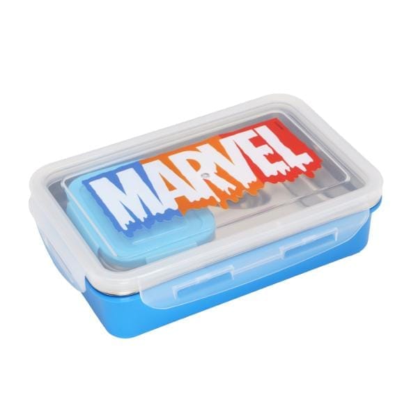 Marvel Steel  Lunch Box Lock & Seal 800  Steel Inner with Steel Spoon 2 Containers Lunch Box For Back To School Boys (colour & print as pr availability )