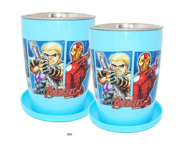 AVENGER cartoon print Drinking Unbreakable Hot Double Wall Plastic with Stainless Steel Inner mug Tea, Coffee, Milk Mug for KIDS , Home (Colour and print may Vary) BIG SET OF 2 CHARLI BIG 350 ml