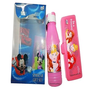 Disney Princess Combo Set of Sipper Water Bottle with Easy Handle Lid and Pencil Box for School Going Kids