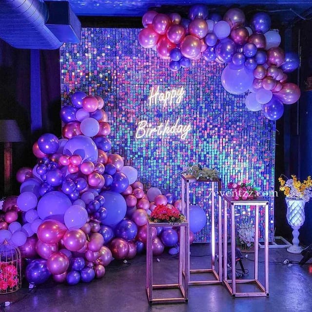 Glamorous sequine panel chrome balloon Sequence Backdrop Birthday Decor at home or party hall.