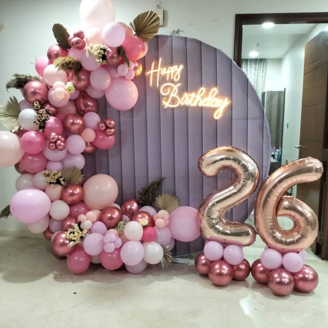 26th Happy Birthday Decoration, For Girls , Pink Colour With 26 Number Foil Balloons, Decoration Service At Your Door-Step