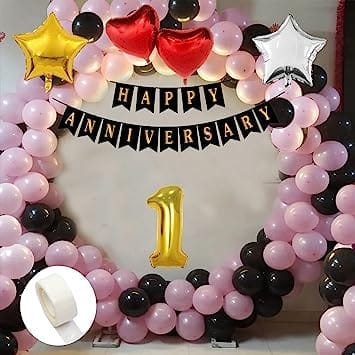 1st Happy Anniversary Balloon Decoration ,Decoration Theme-Black & Pink , Happy Anniversary Decoration Service At Your Door-Step, (1st Anniversary Decoration)