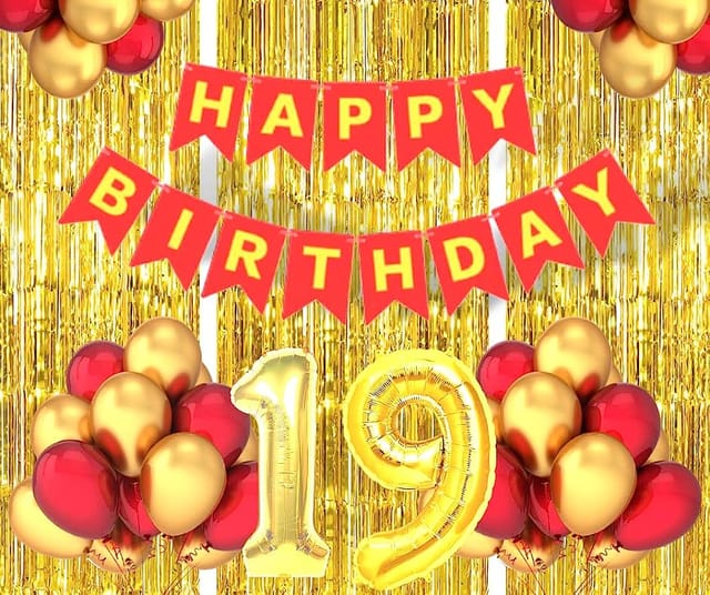 19th Happy Birthday Balloon Decoration , Decoration Theme-Golden & Red ,Happy Birthday Decoration Service At Your Door-Step,( 19th Birthday Decoration For Girls )