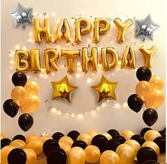 Happy Birthday Balloon Decoration ,( 50th Birthday Decoration ) , Decoration Theme- Gold & Black , Happy Birthday Decoration Service At Your Door-Step