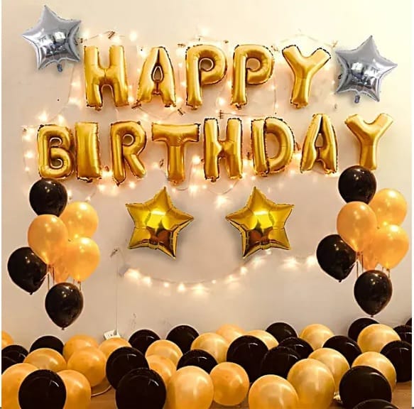 Happy Birthday Balloon Decoration ,( 50th Birthday Decoration ) , Decoration Theme- Gold & Black , Happy Birthday Decoration Service At Your Door-Step