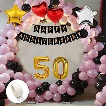 50th Happy Anniversary Balloon Decoration ,Decoration Theme-Black & Pink , Happy Anniversary Decoration Service At Your Door-Step, (50th Anniversary Decoration)