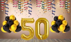 50th Happy Anniversary Balloon Decoration ,Decoration Theme-Gold & Black, Happy Anniversary Decoration Service At Your Door-Step, (50th Anniversary Decoration)