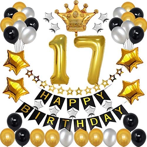 17th Happy Birthday Balloon Decoration , Decoration Theme-Golden & Black With Silver Happy Birthday Decoration Service At Your Door-Step,( 17th Birthday Decoration )