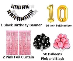 10th Happy Birthday Balloon Decoration ,Decoration Theme- For Girls Pink & Black , Happy Birthday Decoration Service At Your Door-Step,(10th Birthday Decoration)