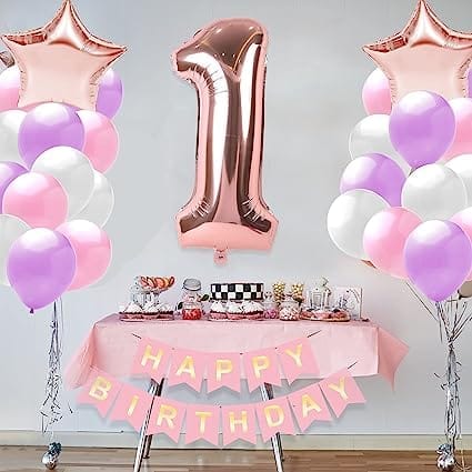 1st Happy Birthday Balloon Decoration ,Decoration Theme-Rose Golden  , Happy Birthday Decoration Service At Your Door-Step,( 1st Birthday Decoration For Baby Girl)