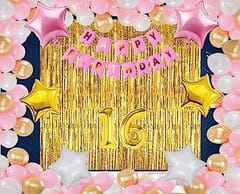 16th Happy Birthday Balloon Decoration ,( 16th Birthday Decoration )For Kids Girls ( Pink & Golden )& Boys (Gold & Black) Birthday Decoration, Happy Birthday Decoration Service At Your Door-Step,