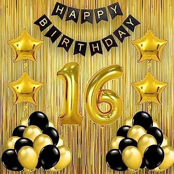 16th Happy Birthday Balloon Decoration ,( 16th Birthday Decoration )For Kids Girls ( Pink & Golden )& Boys (Gold & Black) Birthday Decoration, Happy Birthday Decoration Service At Your Door-Step,