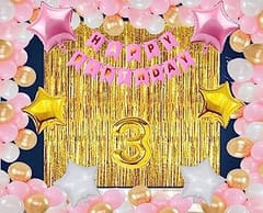 3rd Happy Birthday Balloon Decoration ,Decoration Theme-  For Boys Blue & Silver And For Girls Pink & Golden , Happy Birthday Decoration Service At Your Door-Step,( 3rd Birthday Decoration )