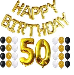 Happy Birthday Decoration ,( 50th Birthday Decoration ) , Decoration Theme- Gold & Black , Happy Birthday Balloons Decoration Service At Your Door-Step