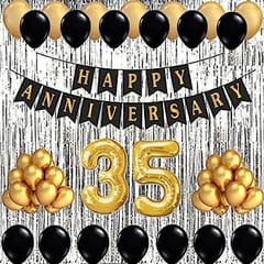 35th Happy Anniversary Balloon Decoration ,Decoration Theme-Gold & Black With Silver Background , Happy Anniversary Decoration Service At Your Door-Step, (35th Anniversary Decoration)