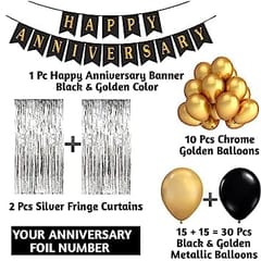 35th Happy Anniversary Balloon Decoration ,Decoration Theme-Gold & Black With Silver Background , Happy Anniversary Decoration Service At Your Door-Step, (35th Anniversary Decoration)