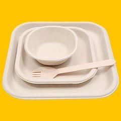 Sugarcane Bagasse Disposable Plates Set (200 Pieces), Square Plates 10 Inch (50), Square Plates 7 Inch (50), Bowls (50), Sporks (50), Brown Party Disposal Biodegradable