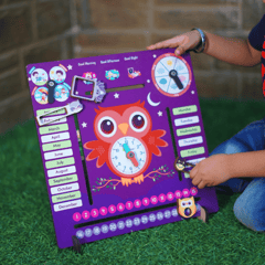 7 Activities Owl Teaching Clock and Calender with Weather, Days, Months, Dates, Greetings, and Seasons Board Wooden Toy Game for Kids 36 X 36 cm