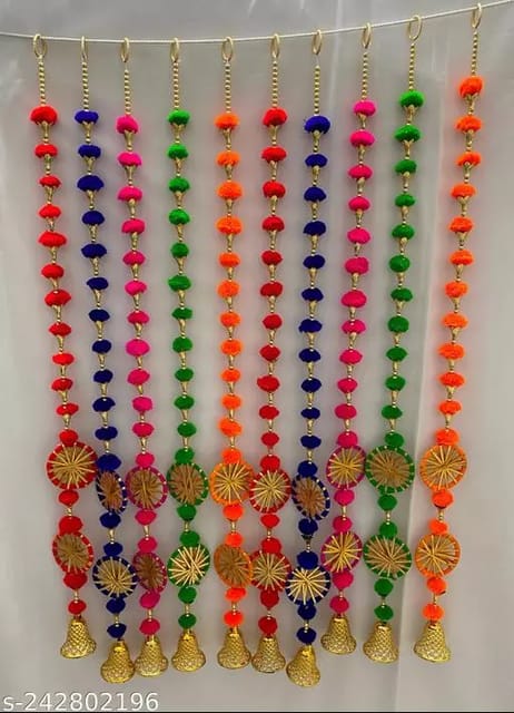 Handmade Wall Door Multi Color String with Trangle FlowerBeads, chakri Garland Bandhanwar Decoration Item for Home Decor Diwali Festival, Navratri, Wedding 4 FT 10 Strings