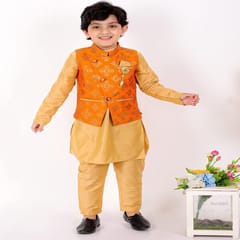 Boy's Cotton Kurta with Embroidered Jacket & Pyjama
