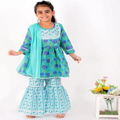 Girl's Flower Print Cotton Kurta With Sharara & Dupatta