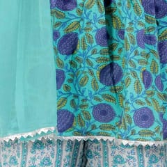 Girl's Flower Print Cotton Kurta With Sharara & Dupatta