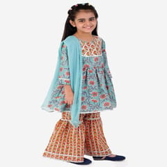 Girl's Flower Print Cotton Kurta With Sharara & Dupatta