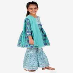 Girl's Flower Print Cotton Kurta With Sharara & Dupatta