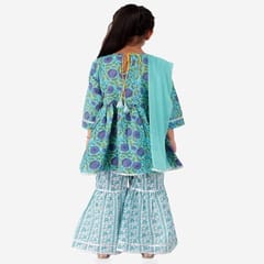 Girl's Flower Print Cotton Kurta With Sharara & Dupatta