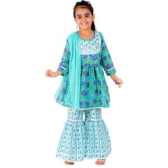 Girl's Flower Print Cotton Kurta With Sharara & Dupatta