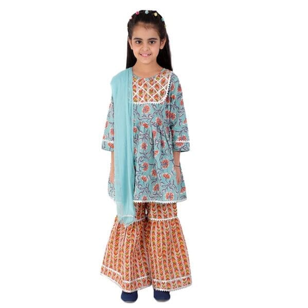 Girl's Flower Print Cotton Kurta With Sharara & Dupatta