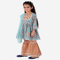 Girl's Flower Print Cotton Kurta With Sharara & Dupatta