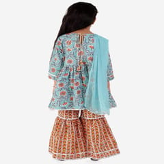 Girl's Flower Print Cotton Kurta With Sharara & Dupatta