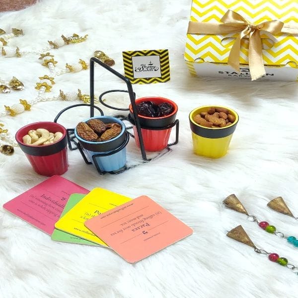 "Healthy Happiness" Diwali Gift Box-4 Chai Cups,4 coasters,4 different types of Dryfruits,2 pcs of Chalk,Customised Greeting Card For Festive gift