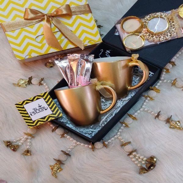 "Coffee o clock" Diwali hamper with Toran - Diwali Gift Box-2 Coffee Mugs,1 Diyas,Organic Flavored Tea Sticks / Coffee pack,2 Coasters,1 traditional Diwali Toran,Customized Greeting card For Festive gift