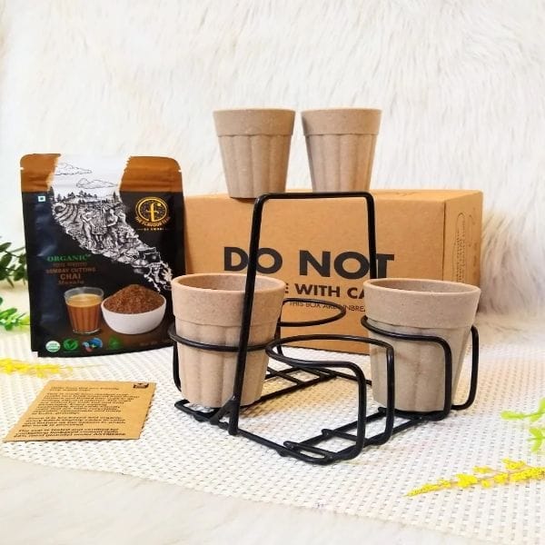 "Organic Tea Hamper Box"-Set of 4 rice husk cutting chai glasses along with stand,Premium Bombay cutting chai masala,Brown Eco-friendly description  card,Brown box. For Festive gift