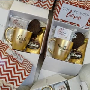 Rakshabandhan Personalized Coffee Mug Goodies box - 3(1 Coffee mug 300 ml with print,1 Pack of Kisses Choclate,2 -Tea sachets,1 coaster,1 message card)