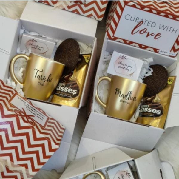 Rakshabandhan Personalized Coffee Mug Goodies box - 3(1 Coffee mug 300 ml with print,1 Pack of Kisses Choclate,2 -Tea sachets,1 coaster,1 message card)